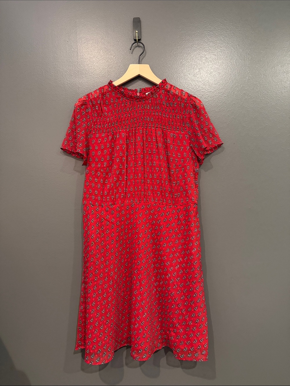 LOFT Red Short Flutter Sleeve Smocked Yoke Mini Dress